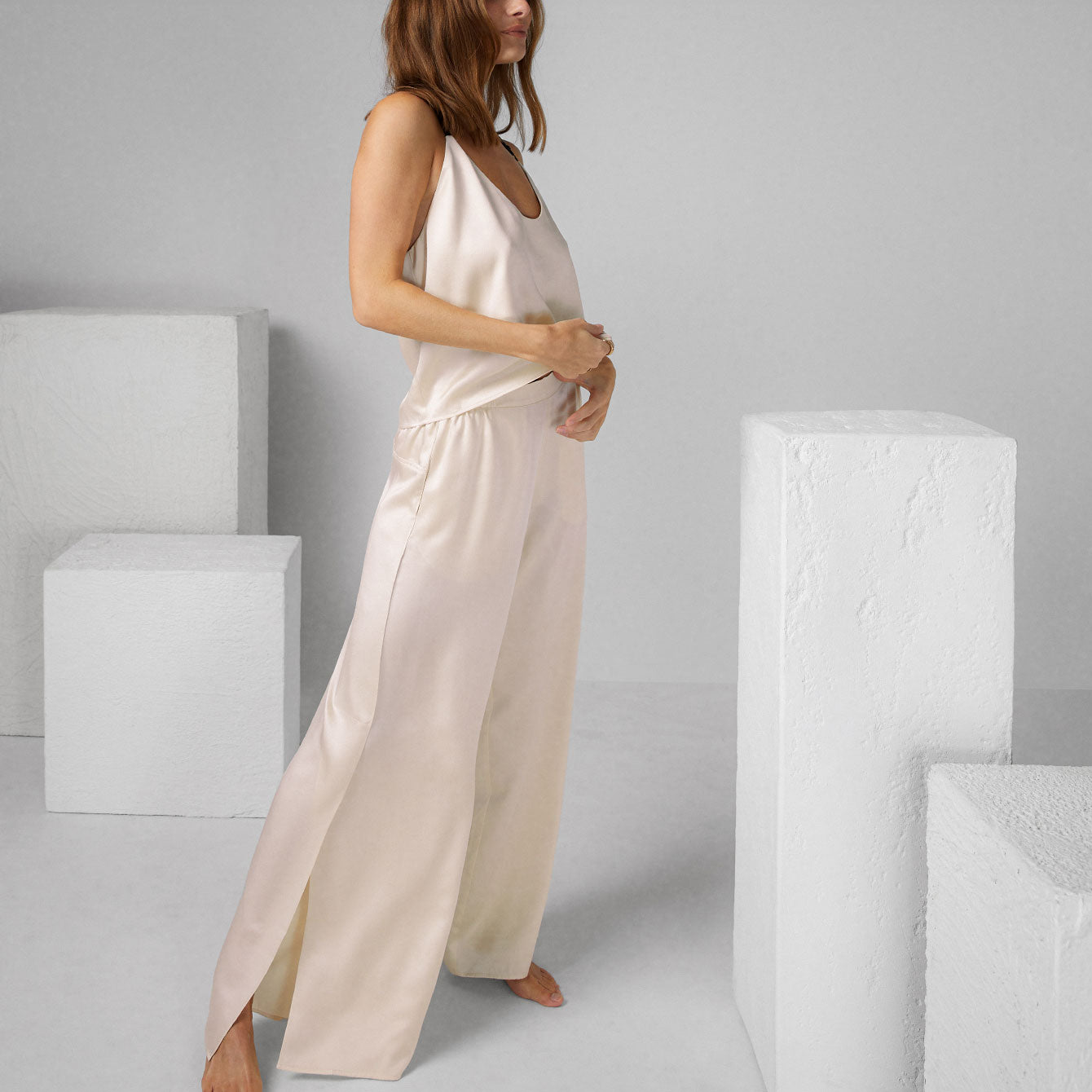 Washable Silk Cami Pant Set - #Swan White/Immersed Black
