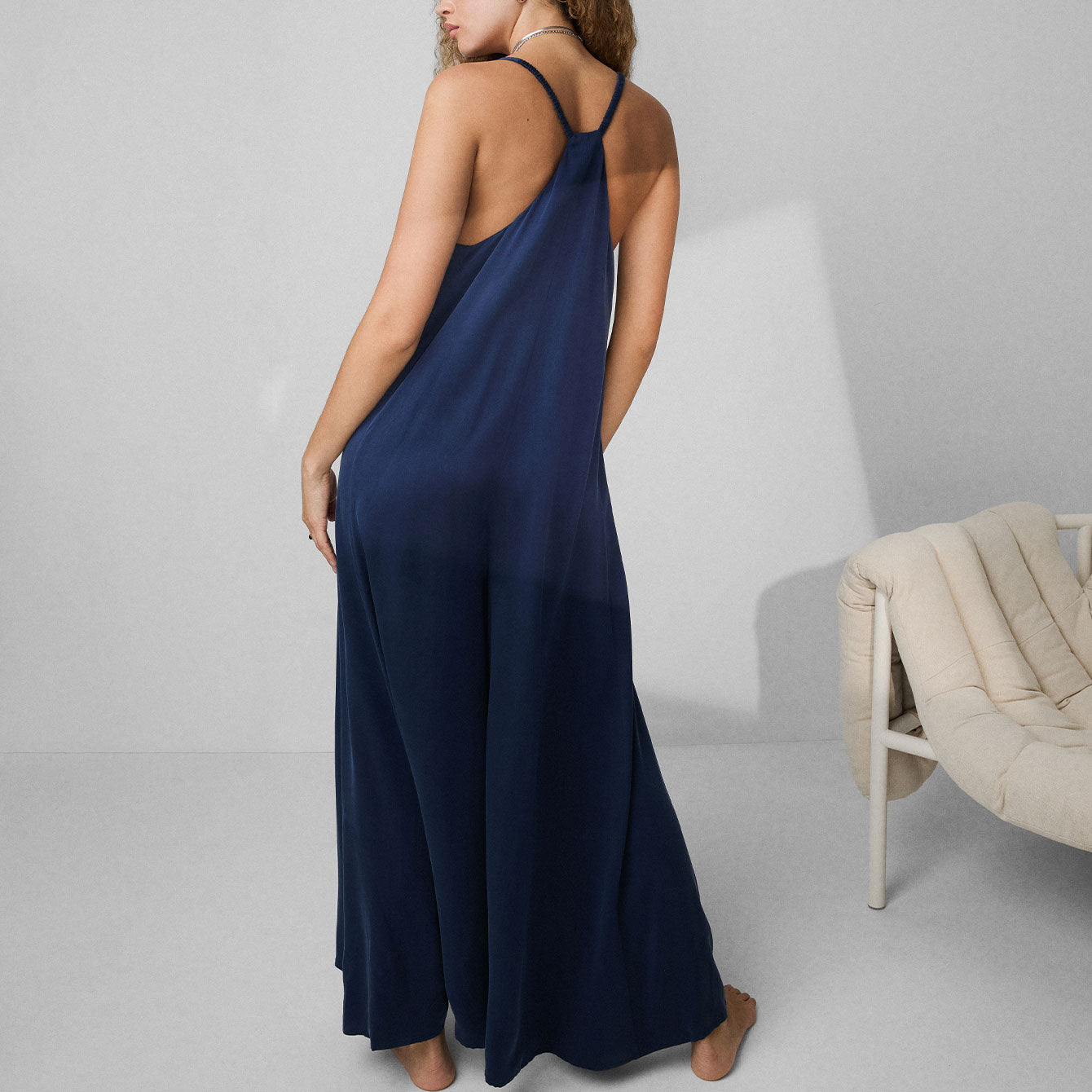 Washable Silk Elastic Strap Jumpsuit - #Deep Blue