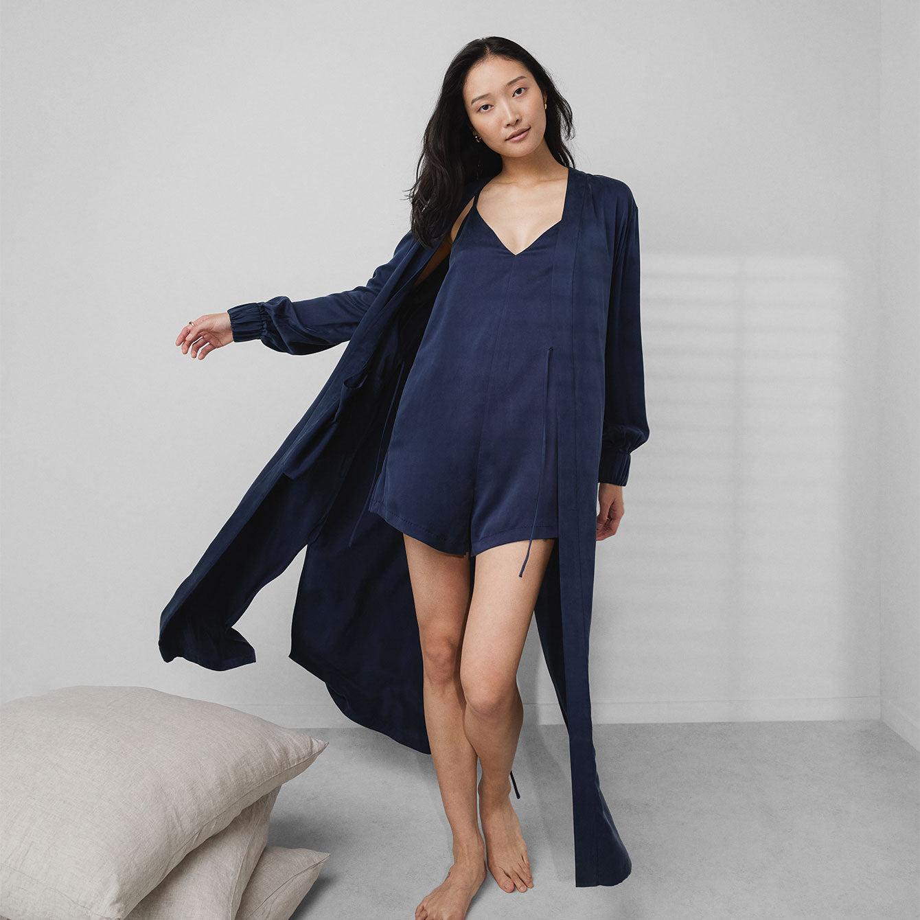 Lunya Sleepwear Washable Silk Long Robe - #Deep Blue