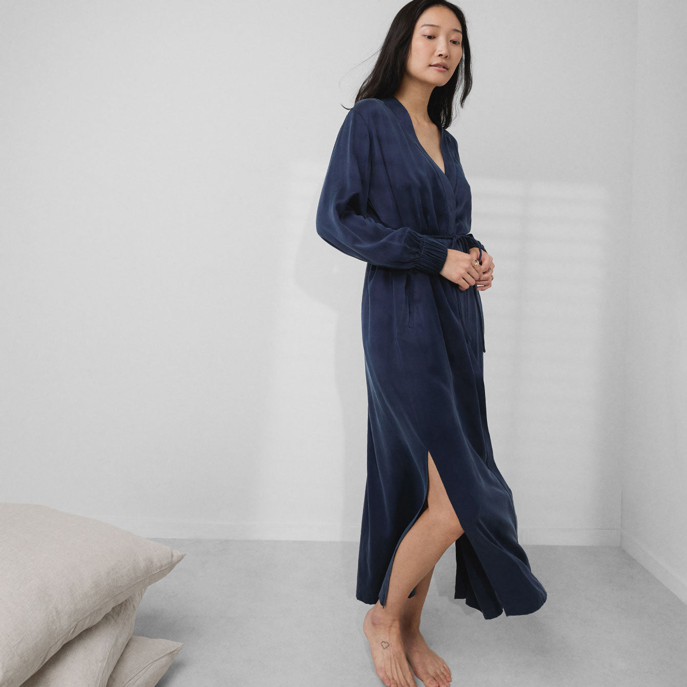 Lunya Sleepwear Washable Silk Long Robe - #Deep Blue