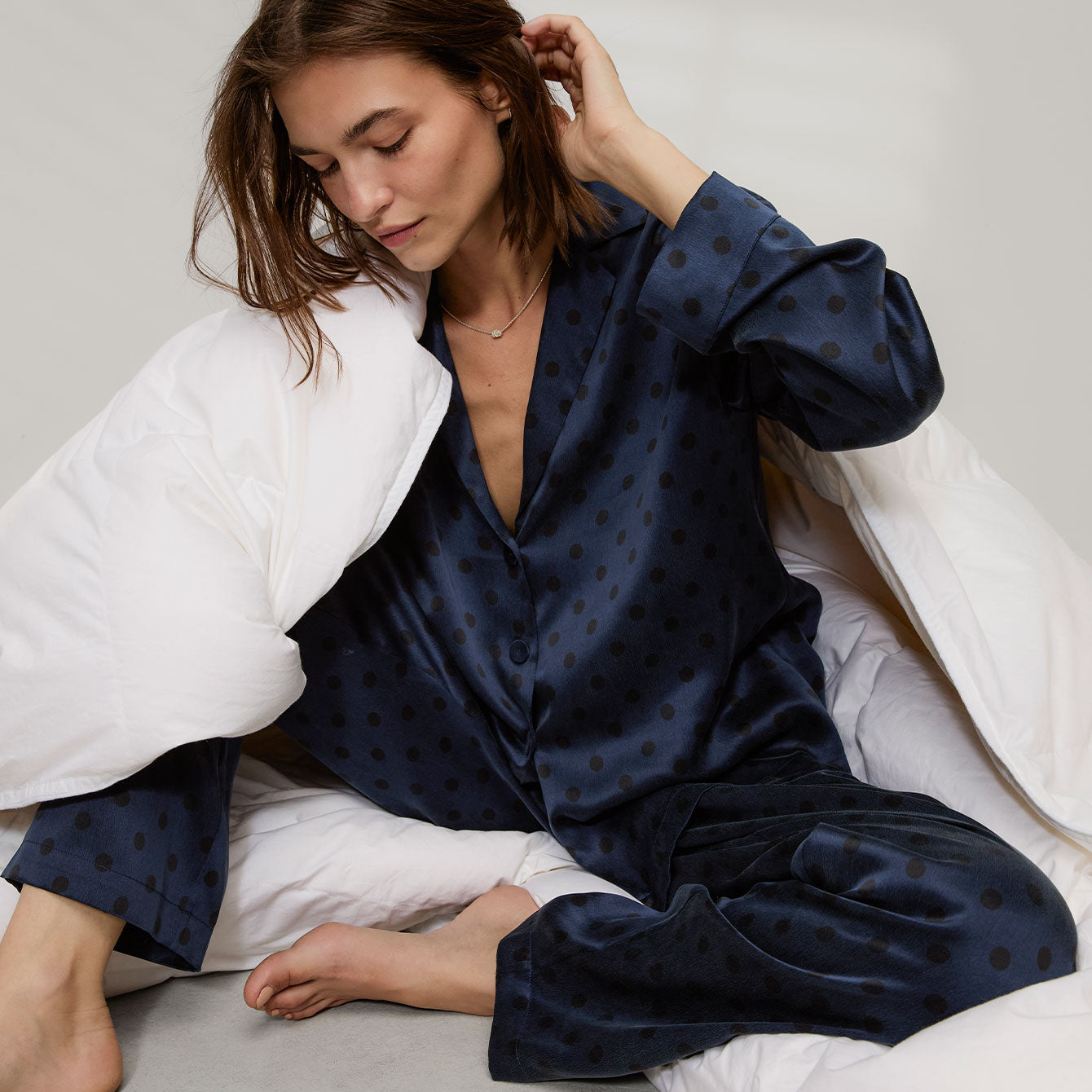 Lunya Pajamas Washable Silk Long Sleeve Pant Set - #Blue Ellipsis