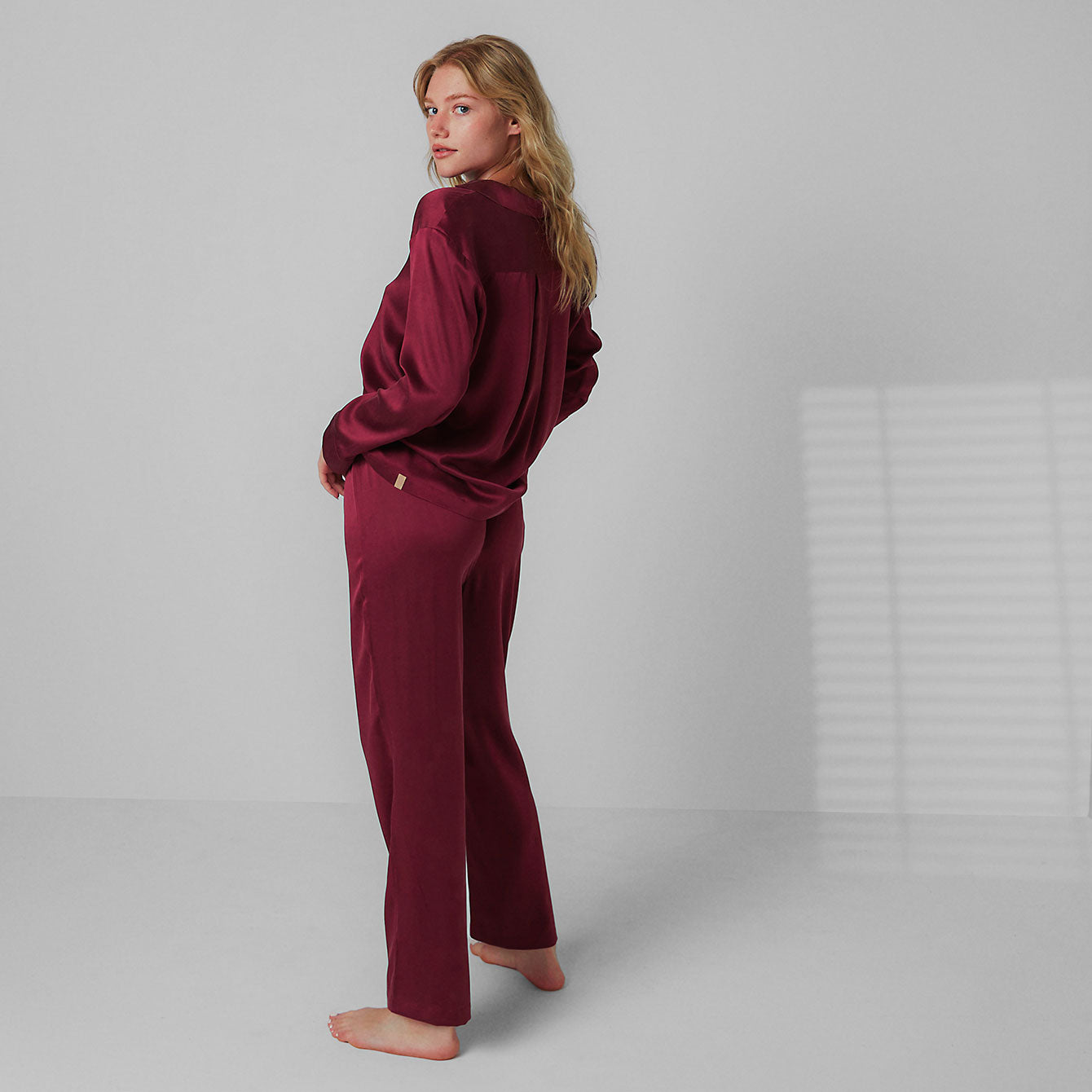 Women's Washable Silk Long Sleeve Pant Set - #Calliope Wine