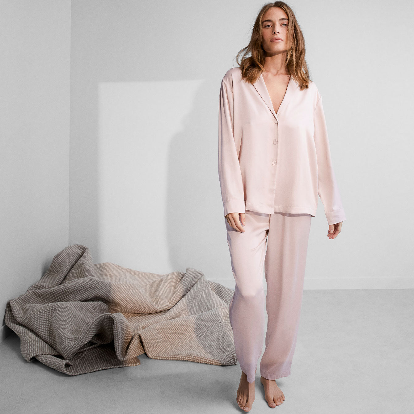 Washable Silk Long Sleeve Pant Set - #Delicate Pink