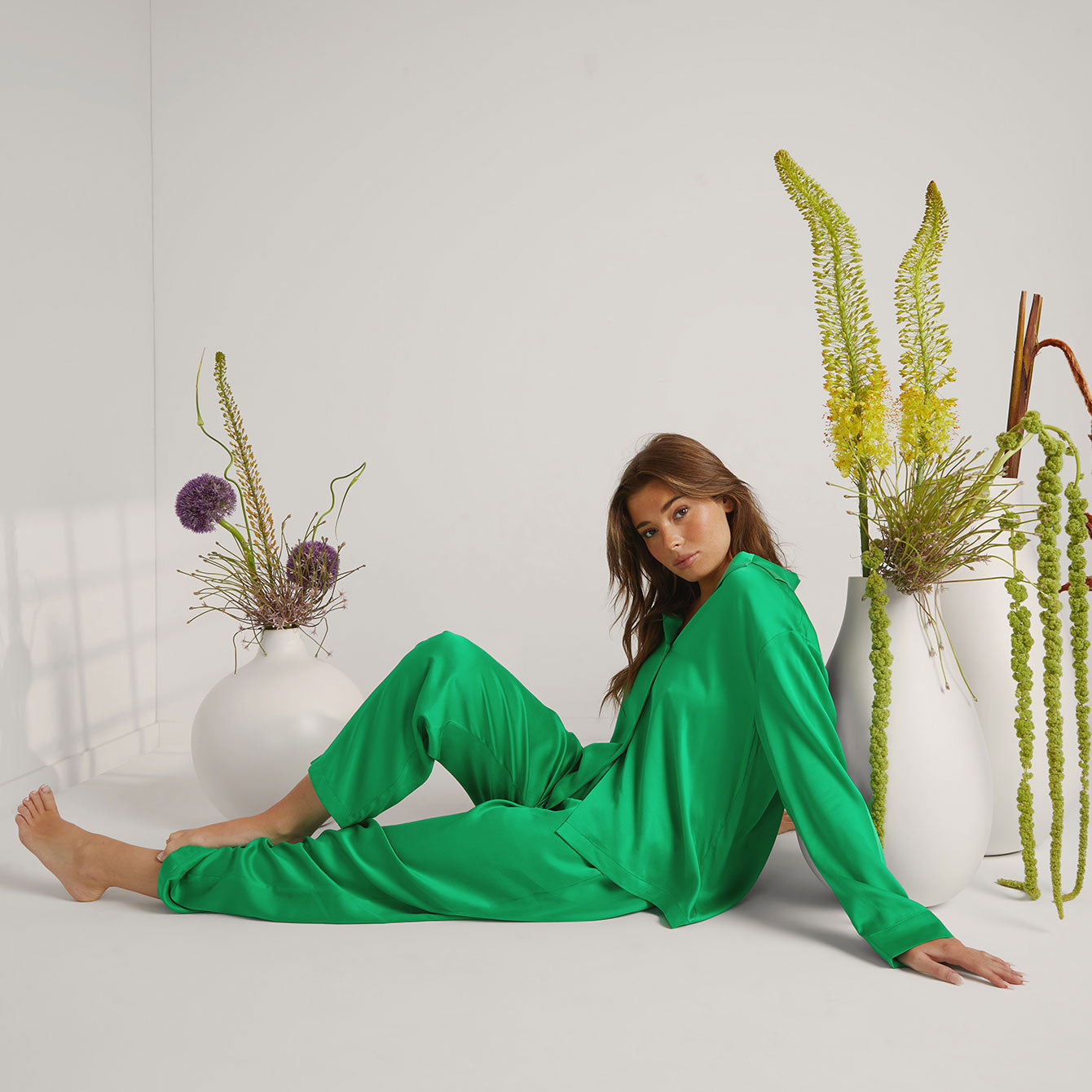 Women's Washable Silk Long Sleeve Pant Set - #Glade Green