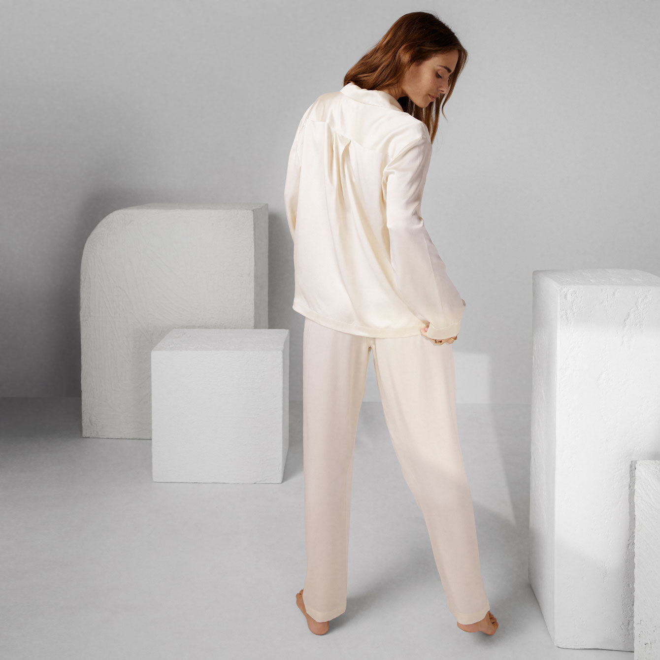 Washable Silk Long Sleeve Pant Set - #Swan White