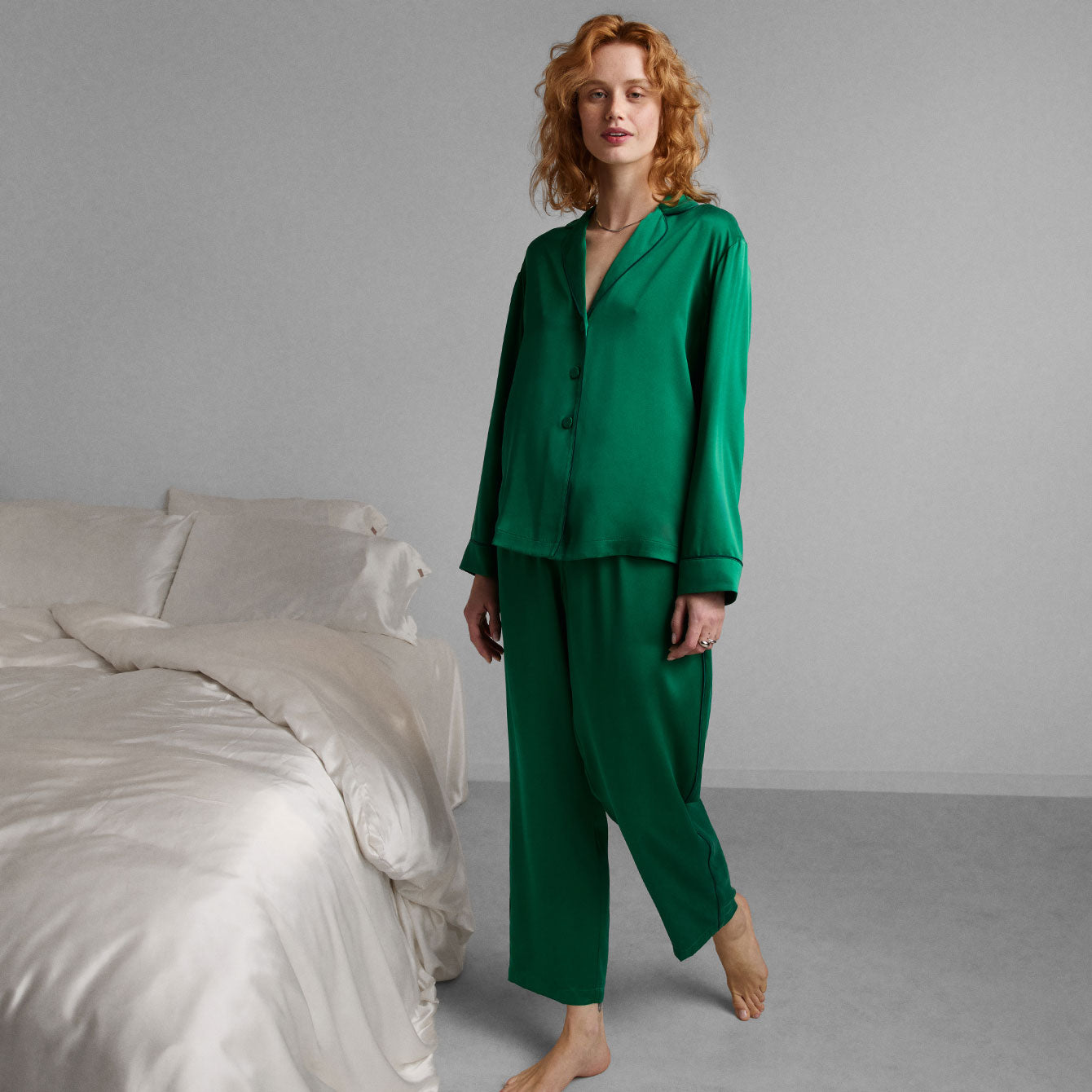 Lunya Pajamas Washable Silk Piped Long Sleeve Pant Set - #Estuarine Green