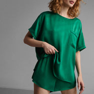 Lunya Pajamas Washable Silk Piped Tee Short Set - #Estuarine Green