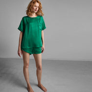 Lunya Pajamas Washable Silk Piped Tee Short Set - #Estuarine Green