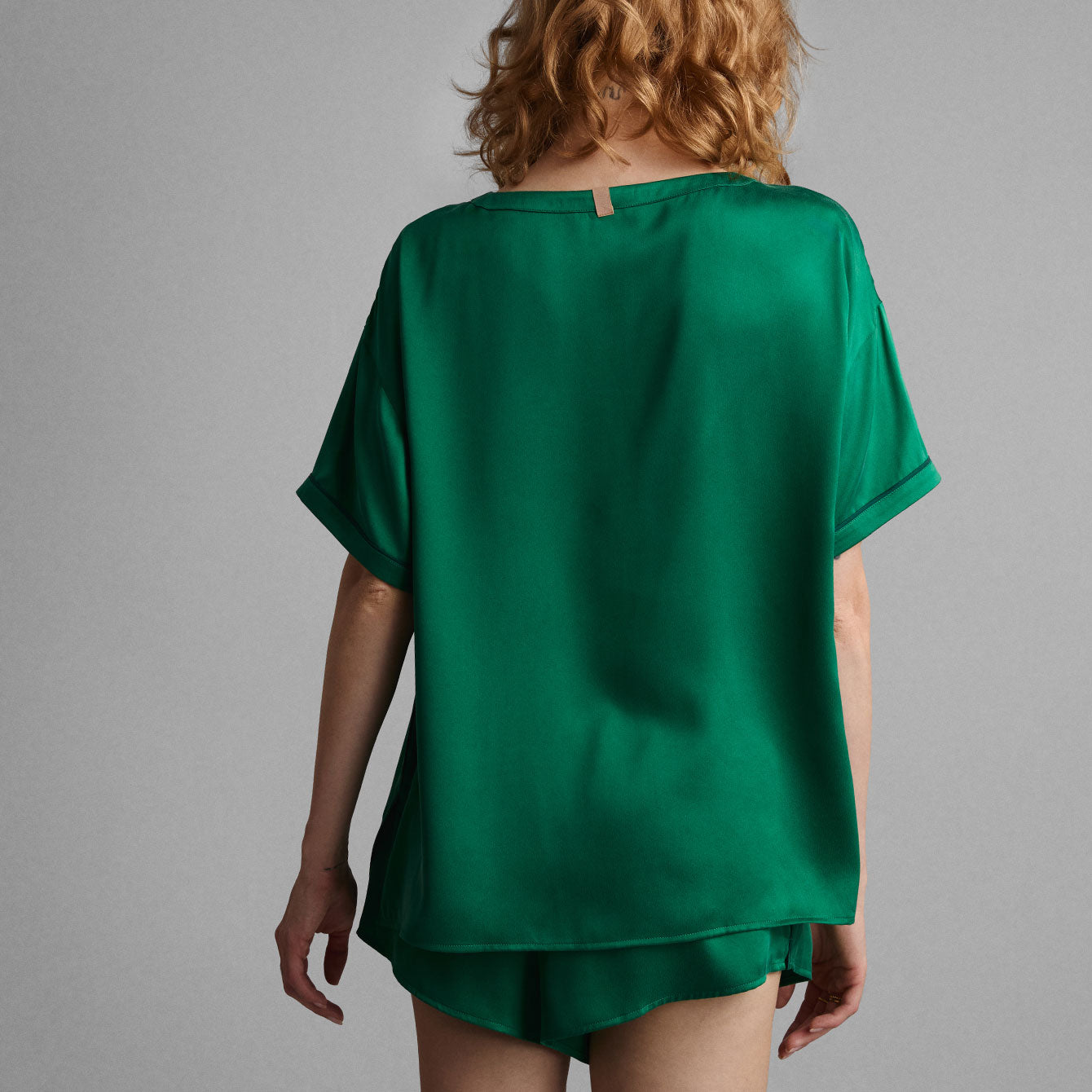 Lunya Pajamas Washable Silk Piped Tee Short Set - #Estuarine Green