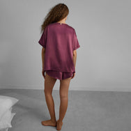 Lunya Pajamas Washable Silk Piped Tee Short Set - #Winter Rose Calliope Wine