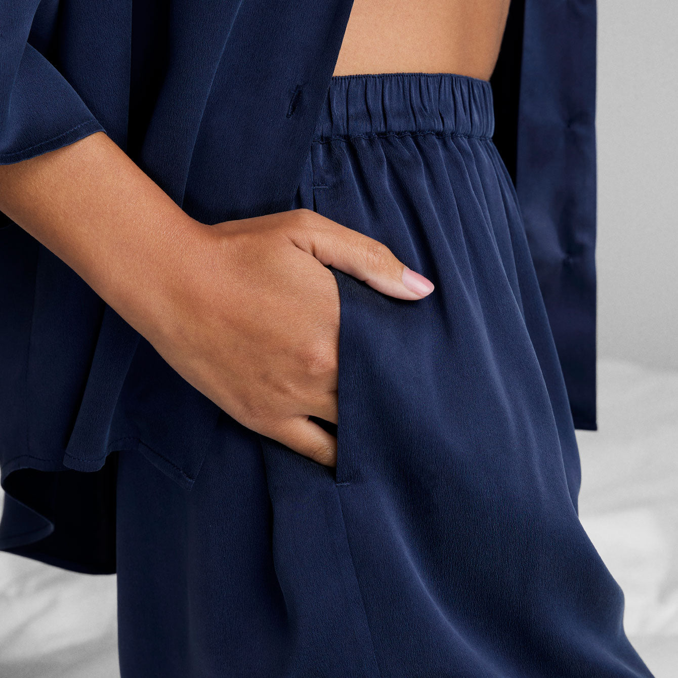 Washable Silk Relaxed Button Up Short Set - #Deep Blue