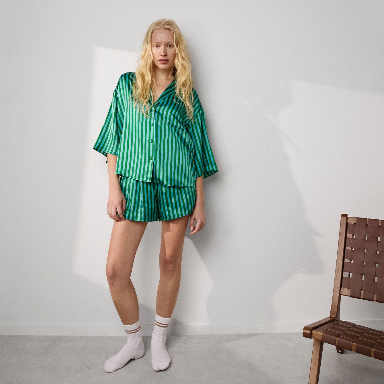 Washable Silk Relaxed Button Up Short Set - #Halycon Stripe