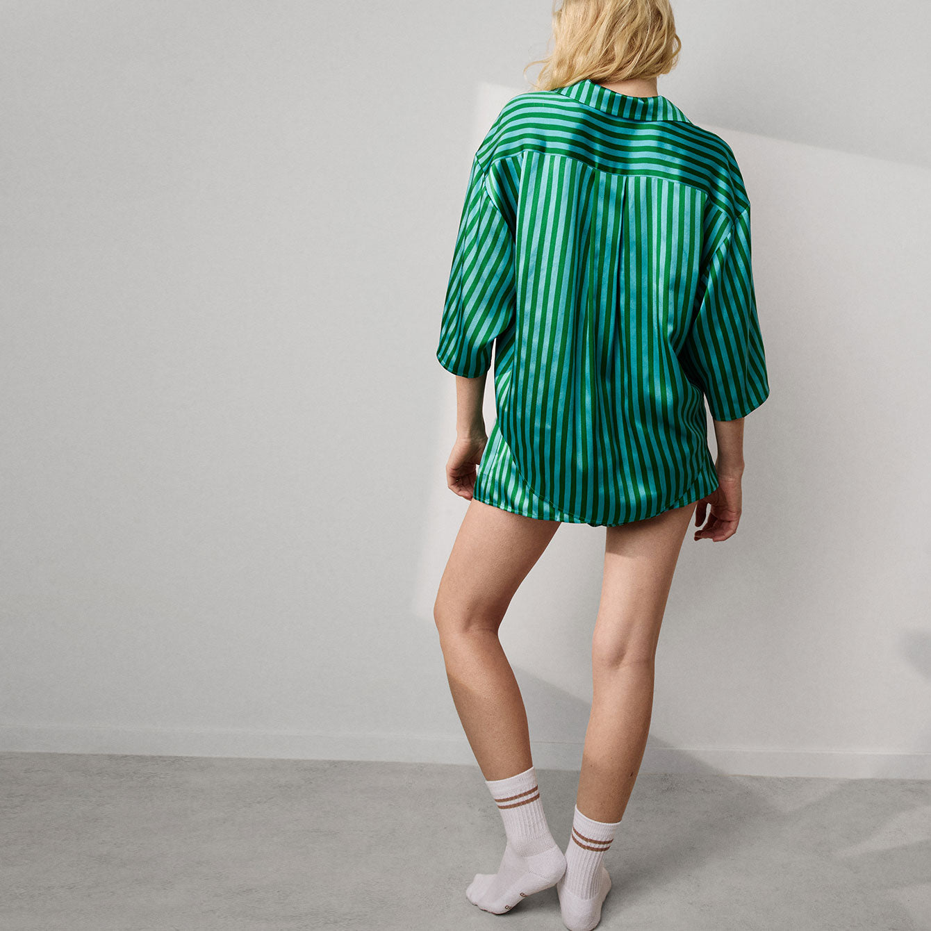 Washable Silk Relaxed Button Up Short Set - #Halycon Stripe