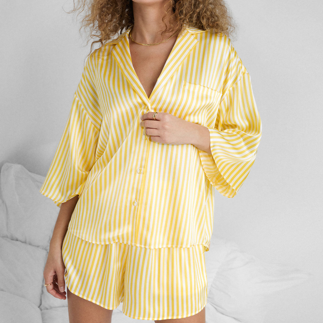 Washable Silk Relaxed Button Up Short set - #Midsummer Stripe