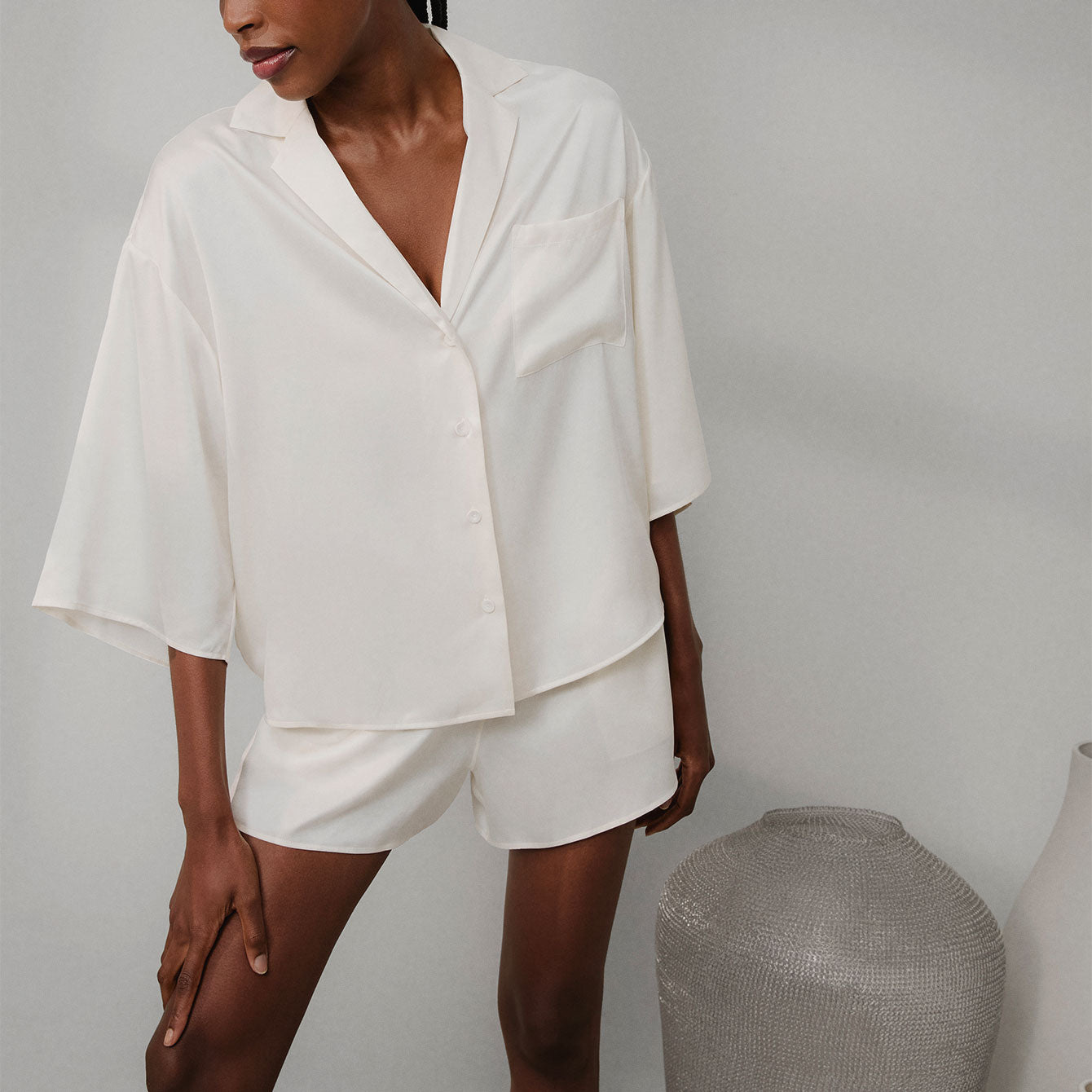 Lunya Pajamas Washable Silk Relaxed Button Up Short Set - #Tranquil White
