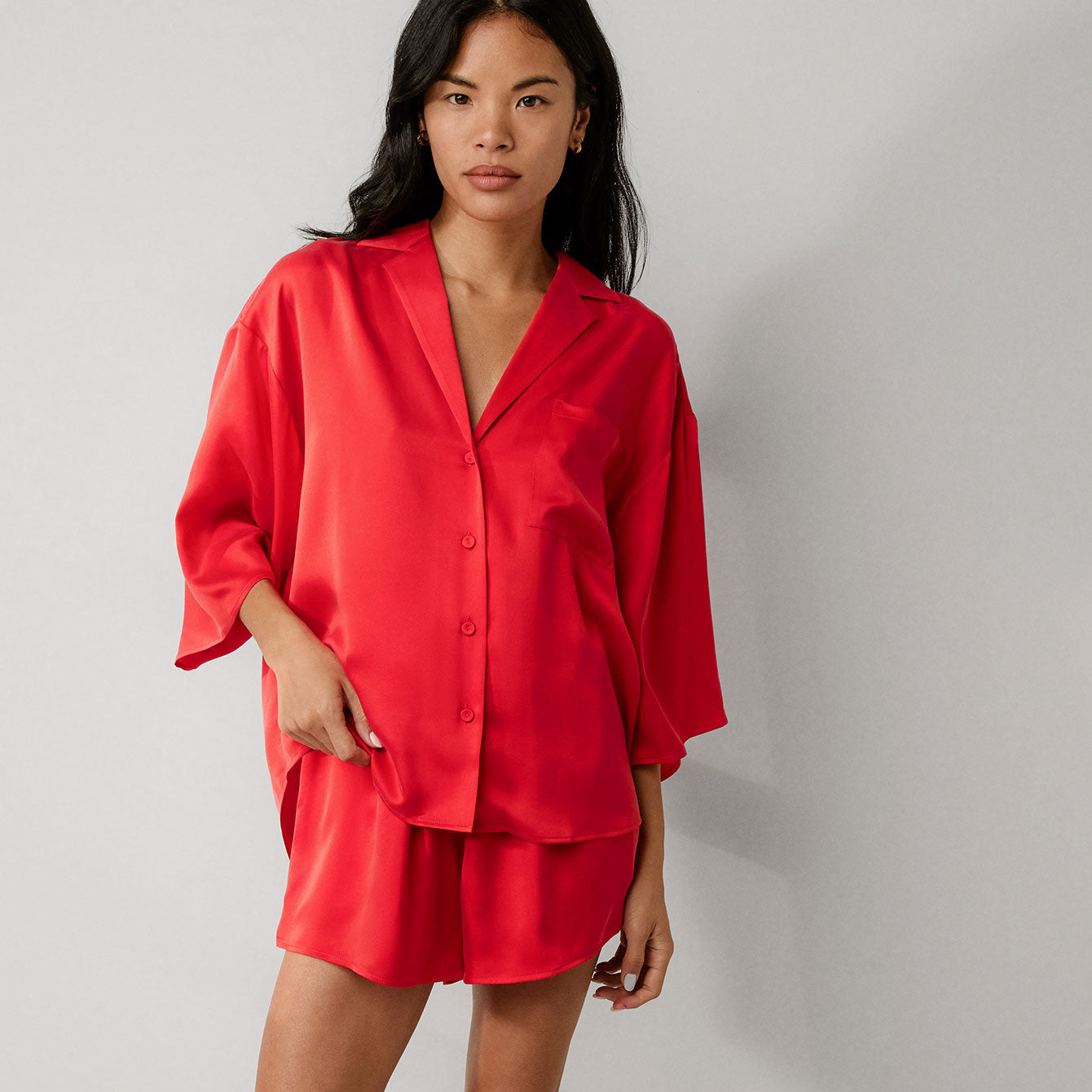 Lunya Pajamas Washable Silk Relaxed Button Up Short Set - #Untold Scarlet