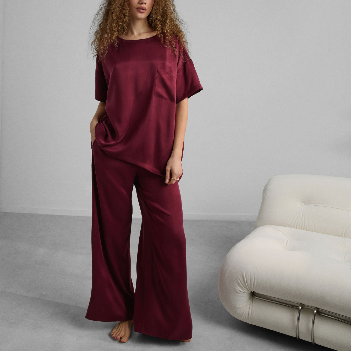 Lunya Pajamas Washable Silk Tee Pant Set - #Calliope Wine