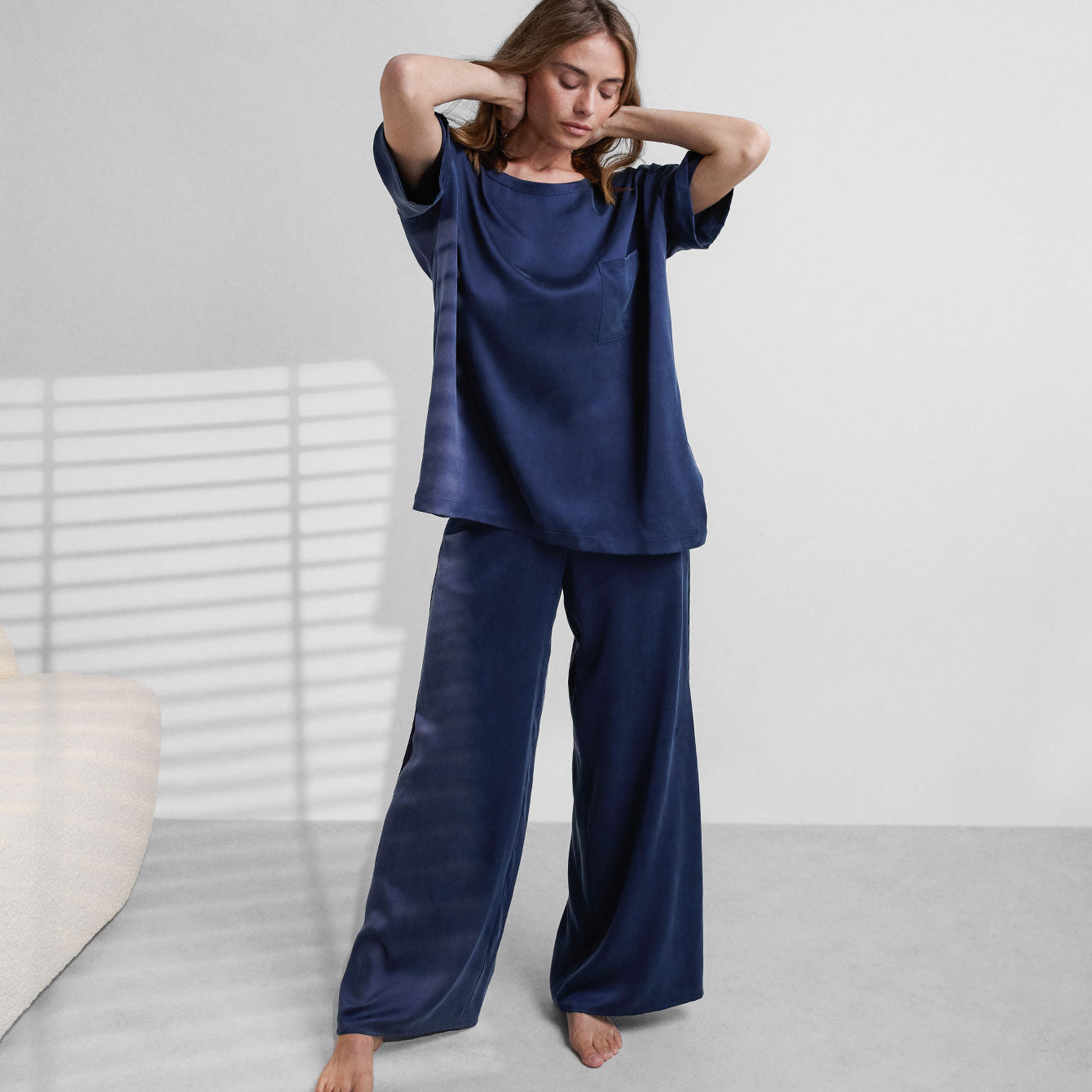 Lunya Sleepwear Washable Silk Tee Pant Set - #Deep Blue