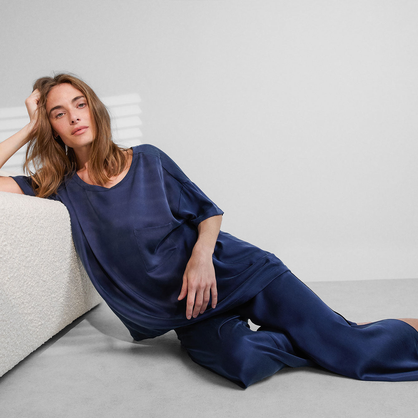 Lunya Sleepwear Washable Silk Tee Pant Set - #Deep Blue