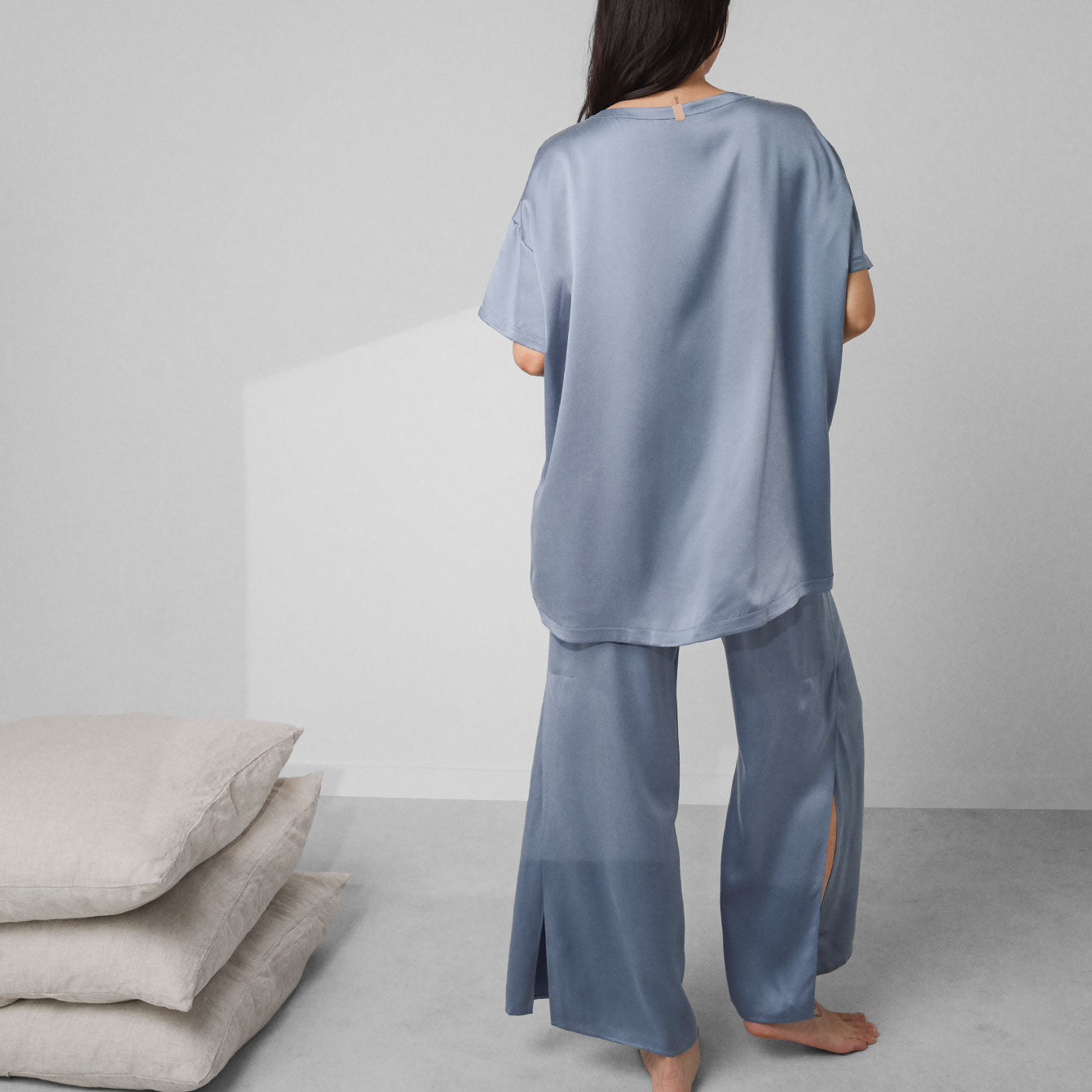 Washable Silk Tee Pant Set - #Pastoral Blue