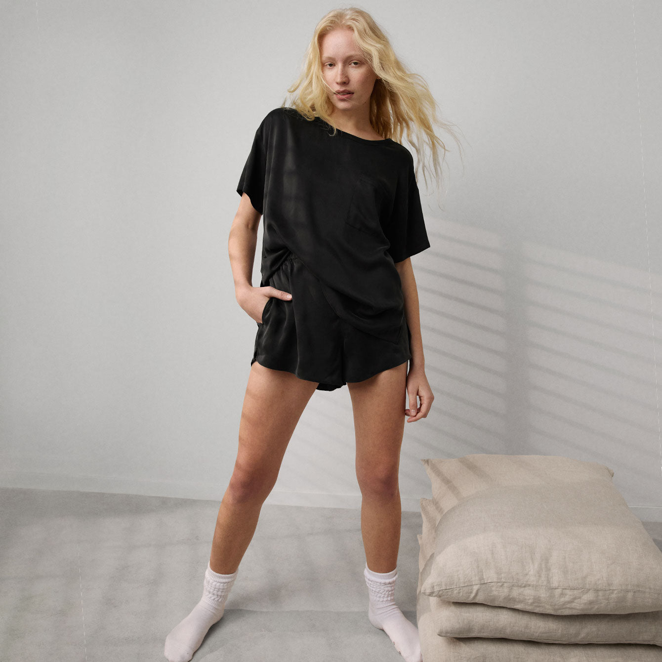 Lunya Pajamas Washable Silk Tee Short Set - #Immersed Black