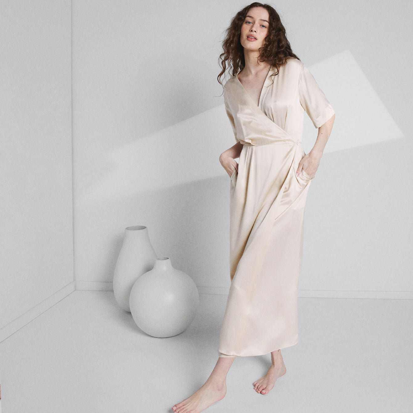 Washable Silk Wrap Dress - #Swan White