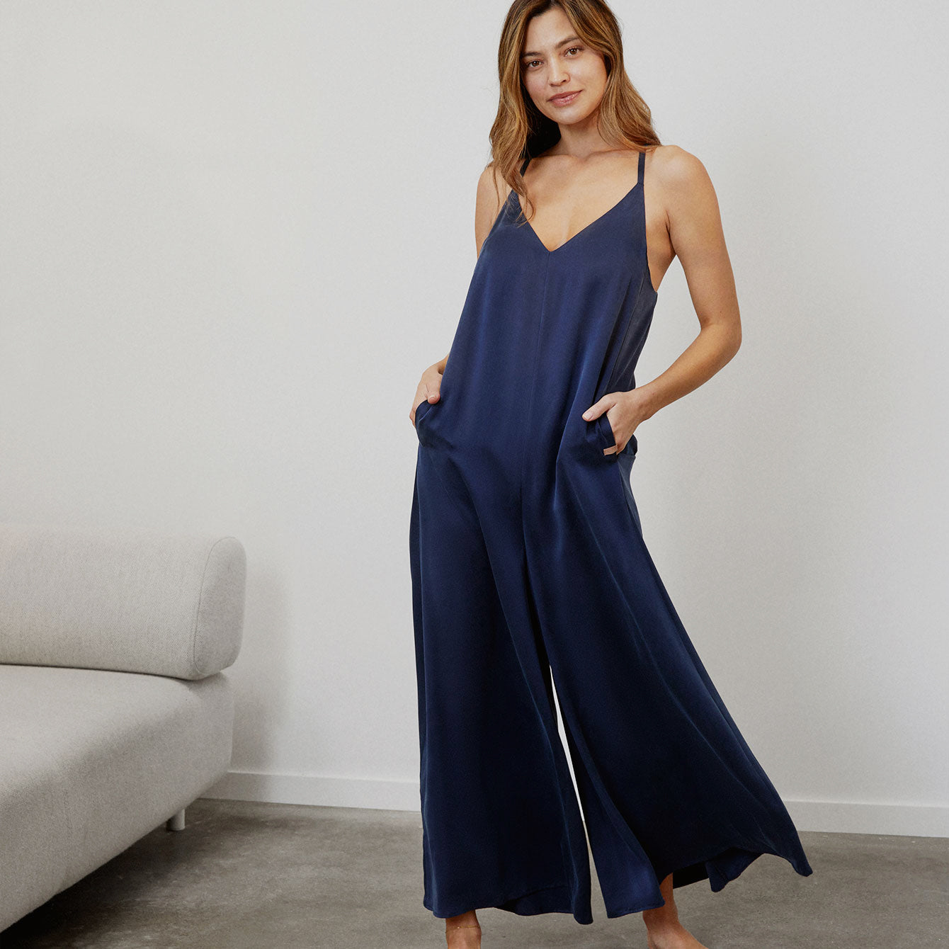 Lunya Sleepwear Washable Silk Elastic Strap Jumpsuit - #Deep Blue