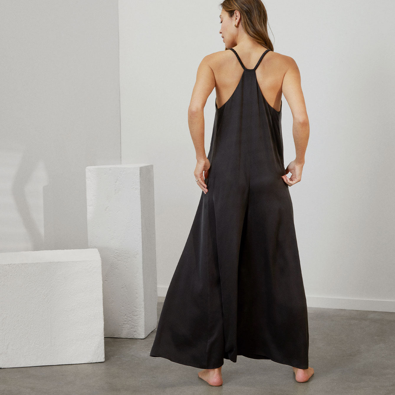 Lunya Sleepwear Washable Silk Elastic Strap Jumpsuit - #Immersed Black