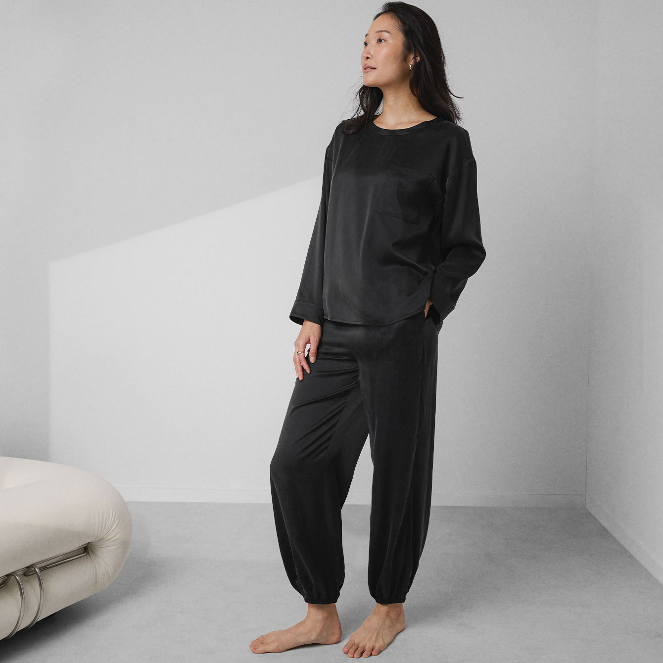 Washable Silk Long Sleeve Jogger Pant Set - #Immersed Black