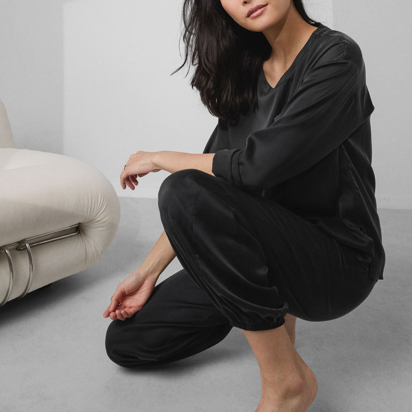 Washable Silk Long Sleeve Jogger Pant Set - #Immersed Black