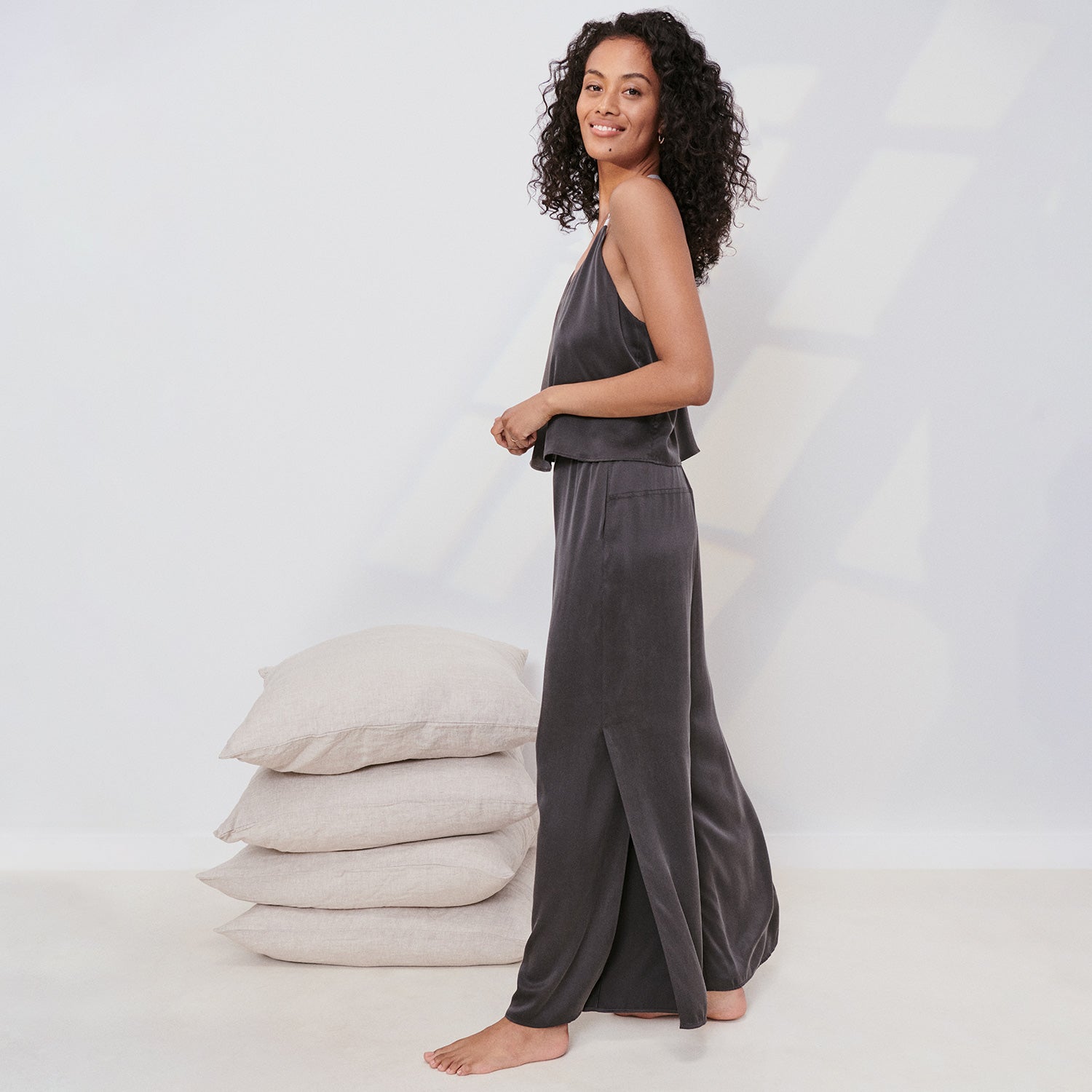 Lunya Sleepwear Washable Silk Cami Pant Set - #Meditative Grey/Tranquil White