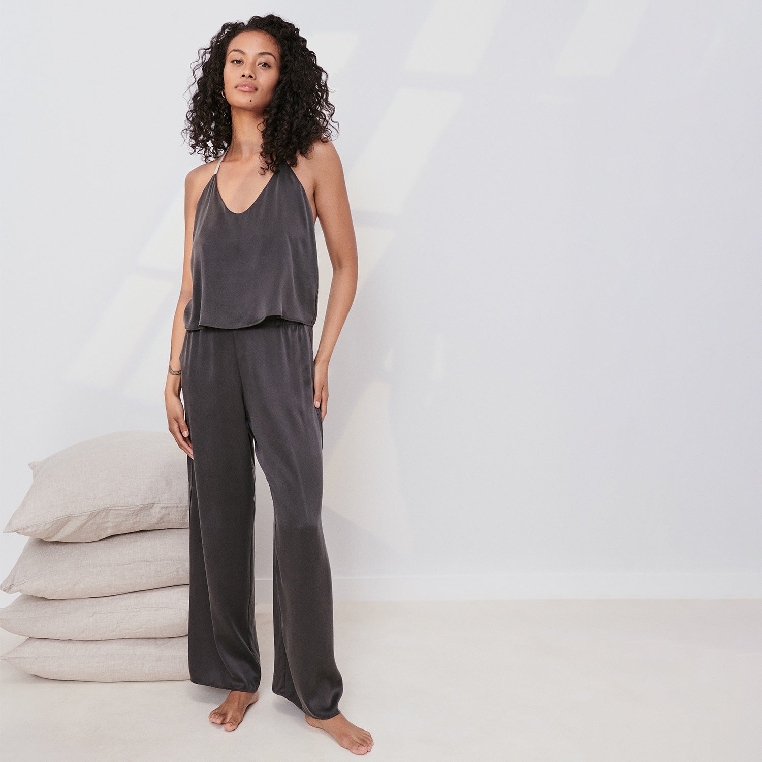 Lunya Sleepwear Washable Silk Cami Pant Set - #Meditative Grey/Tranquil White