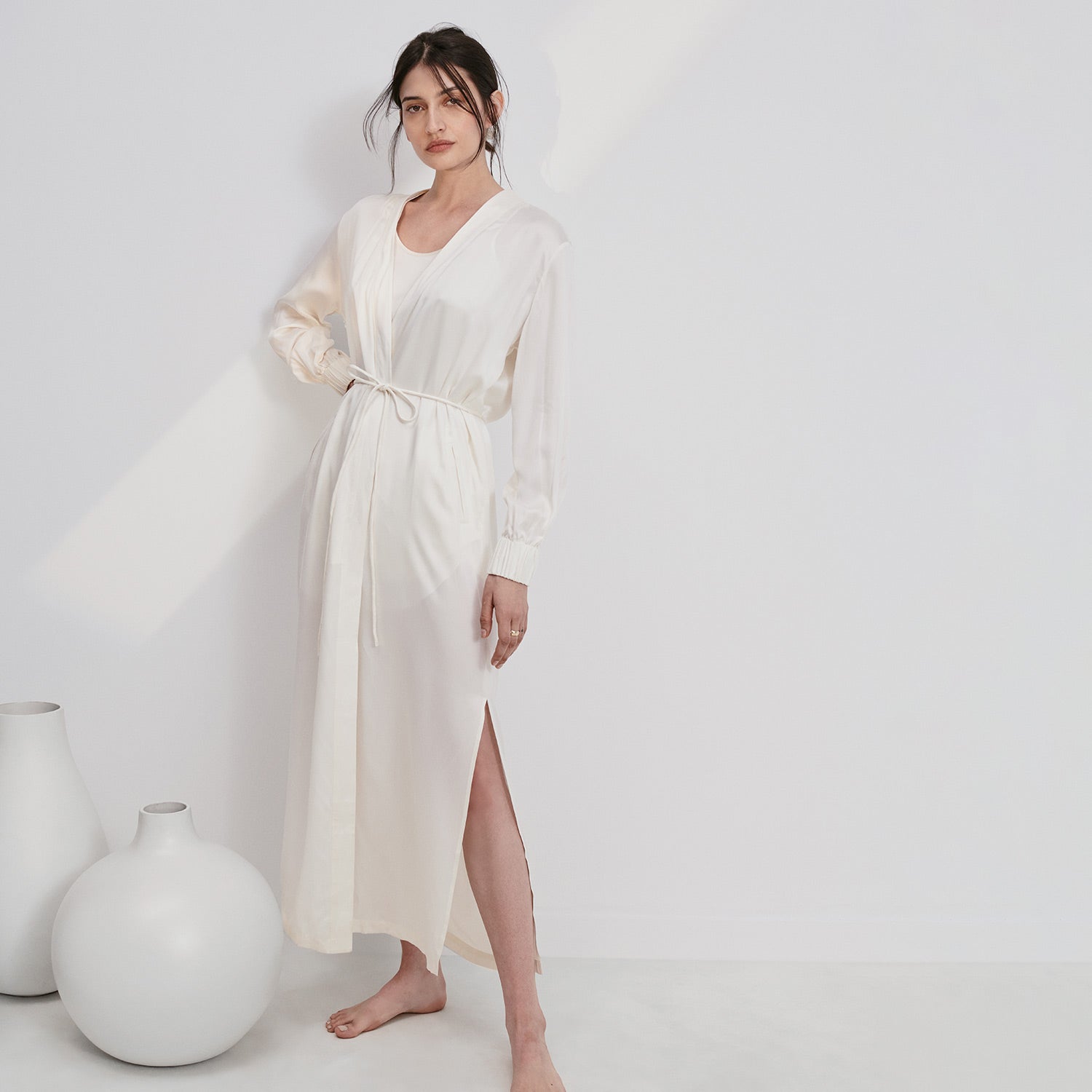 Lunya Sleepwear Washable Silk Long Robe - #Tranquil White