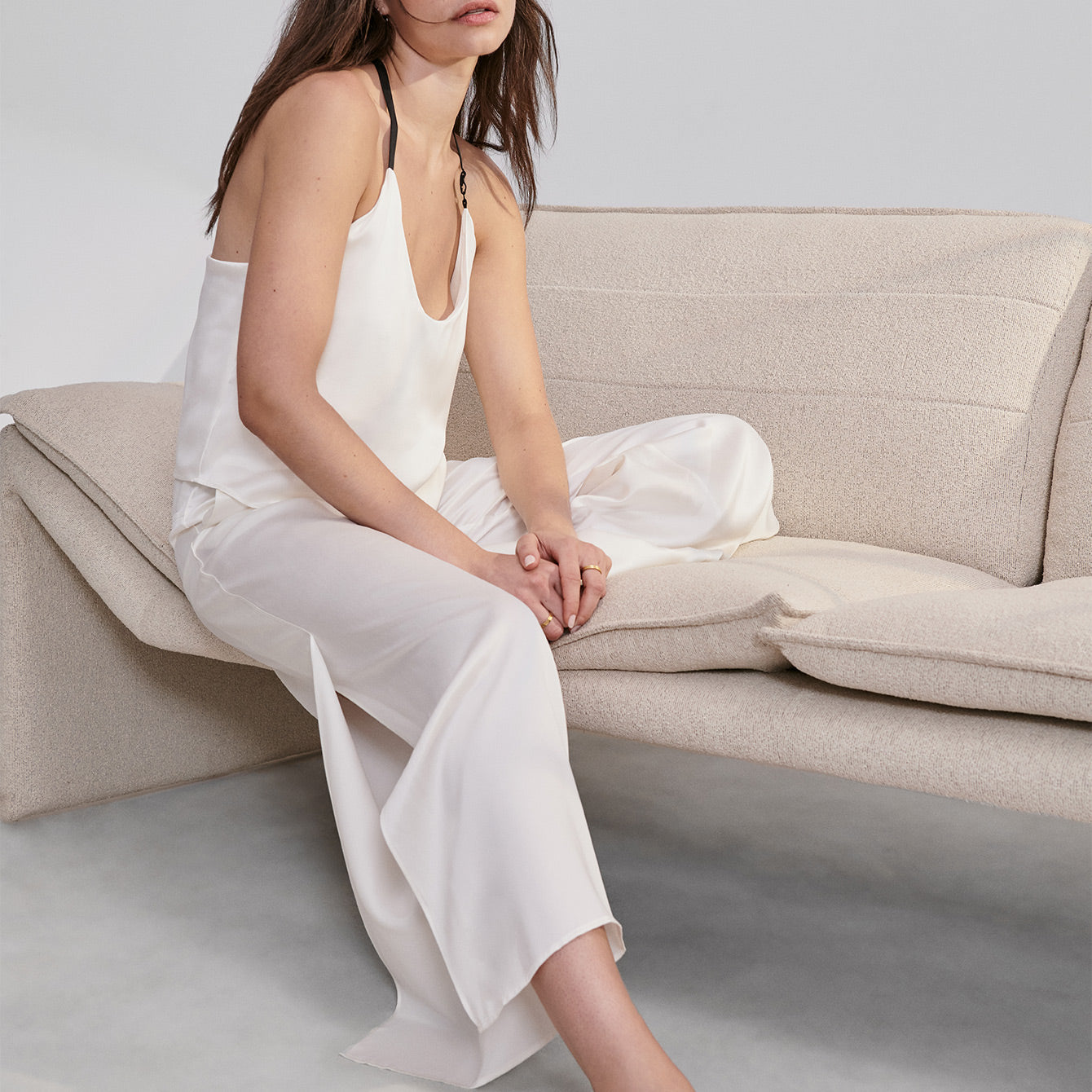 Washable Silk Cami Pant Set - Tranquil White/Immersed Black / L