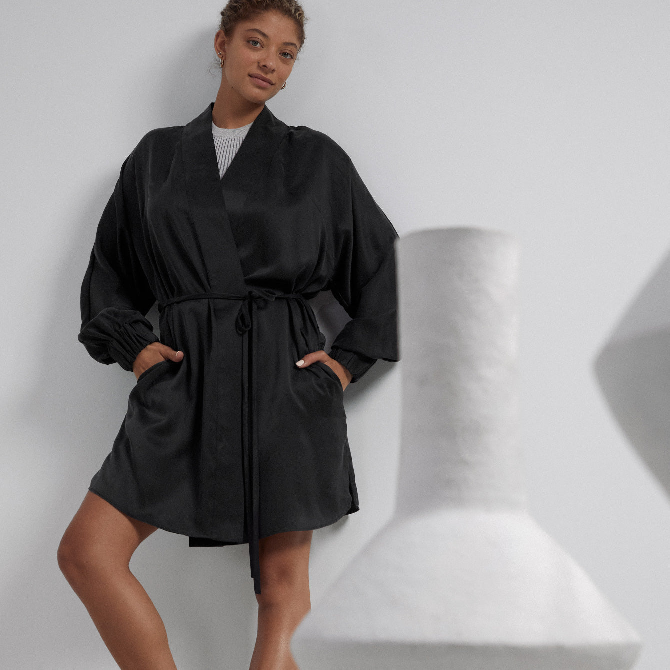 Black Buttoned Robe Black Satin Robe