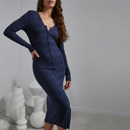 Lunya Soft Modal Rib Snap Front Long Sleeve Dress - #Deep Blue