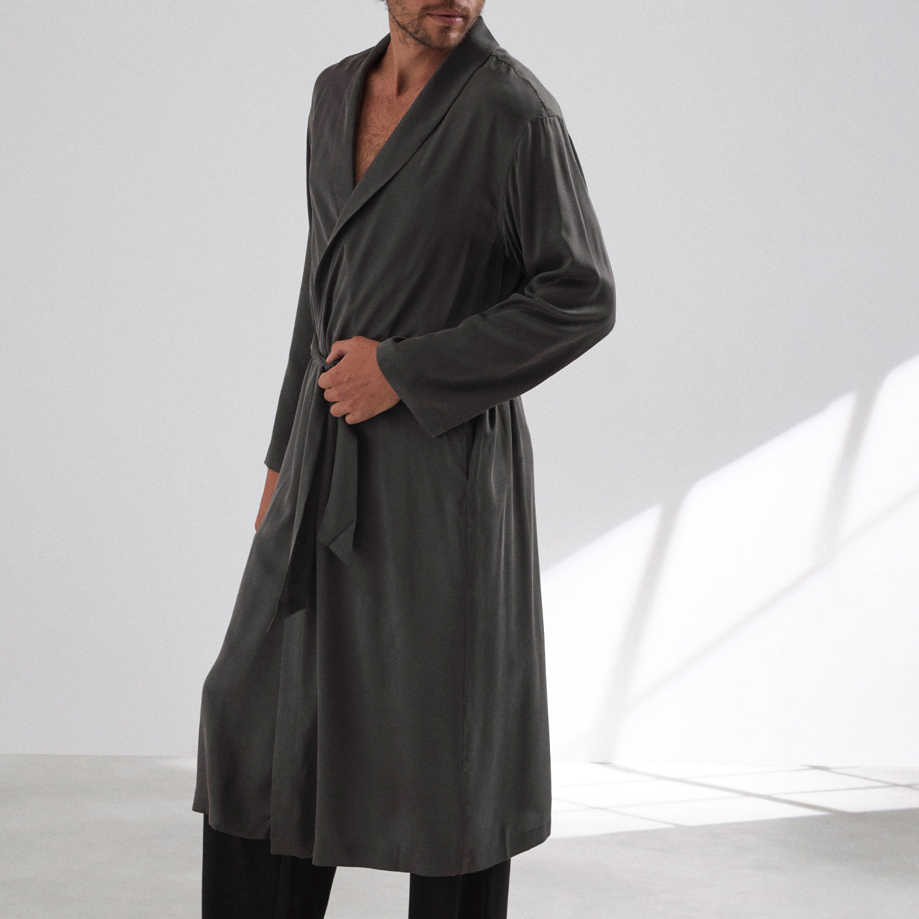 Men's Washable Silk Robe - #Meditative Grey
