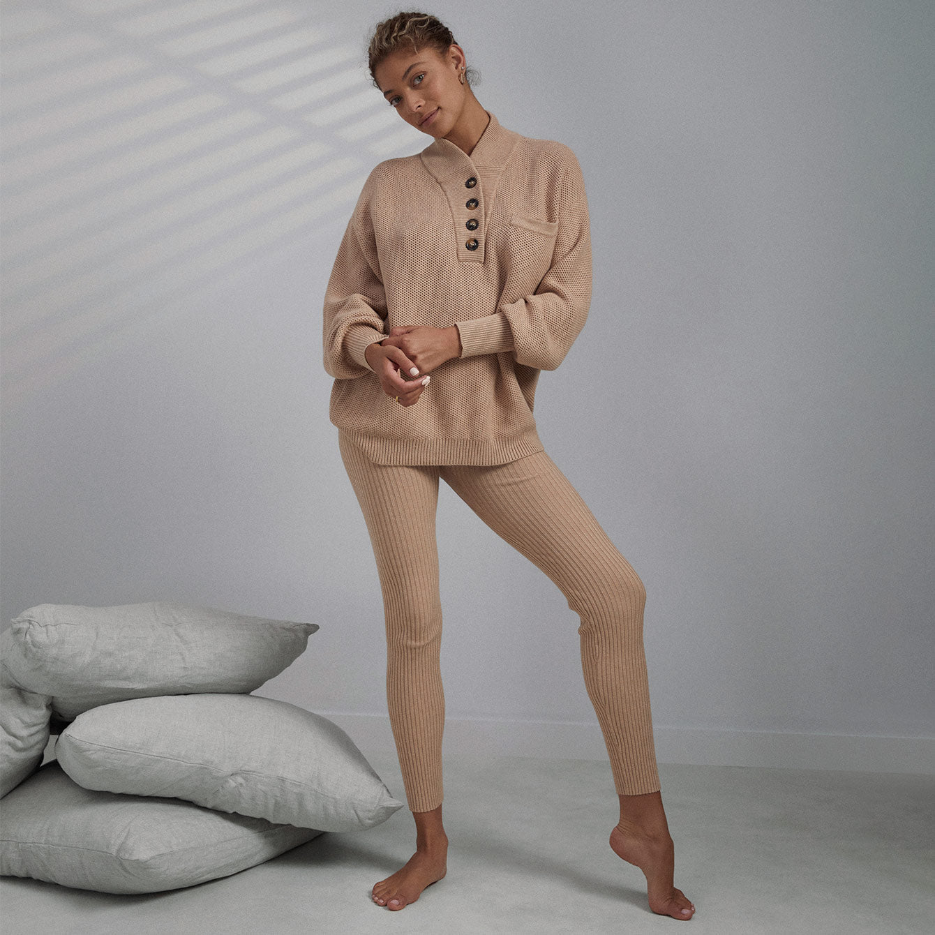 our cozy cotton silk reversible pullover workin' on her tan lines.​​​​​​​​  chair not included.