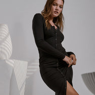 Lunya Soft Modal Rib Snap Front Long Sleeve Dress - #Immersed Black